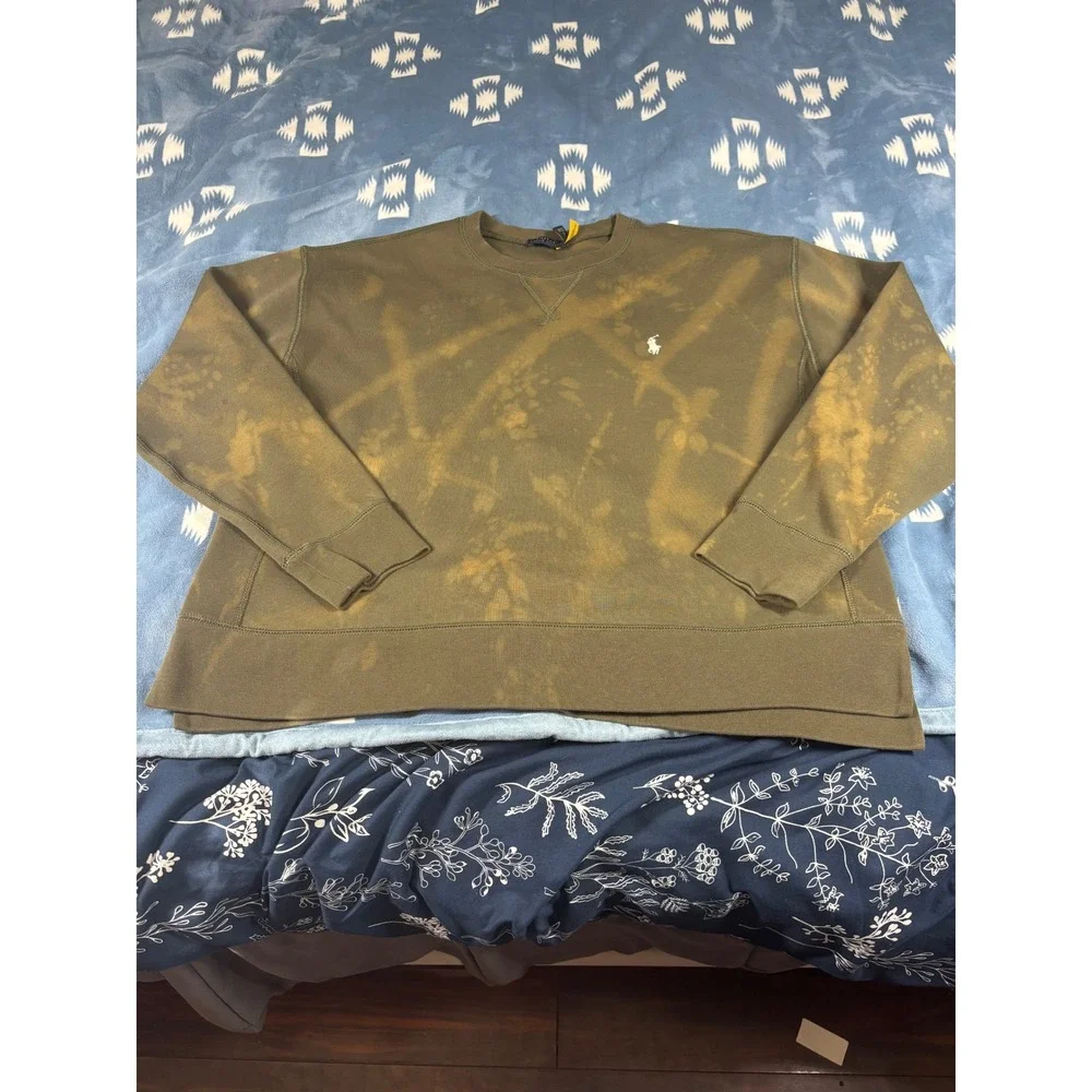 Polo Ralph Lauren Mens XL Olive Green Acid Wash Bleach Splatter Crew Sweatshirt